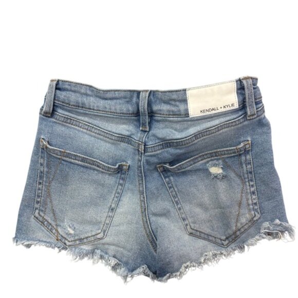 Kendall + Kylie 0/24 The Hipster Shorts Denim Distressed Frayed Hem Button Fly - Picture 2 of 10